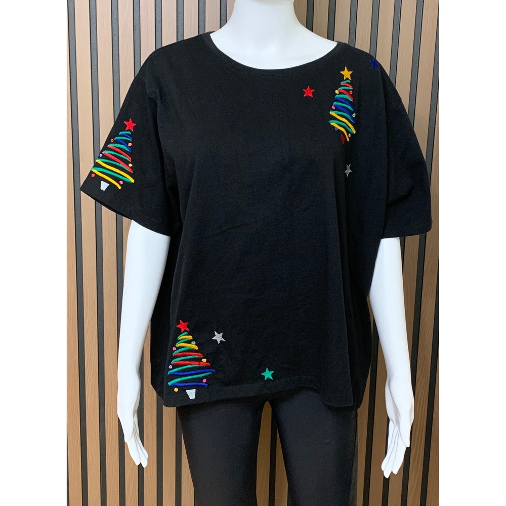 Michael Simon Light Black Christmas Tree Embroidered T-Shirt Plus Size 3X